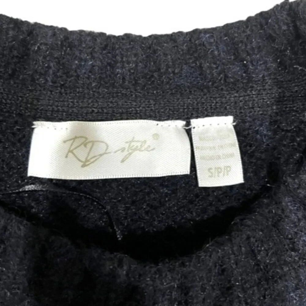 RD Style Women's Small Fair Isle Knit Wool Sweater Nordic Black Cream Geometric